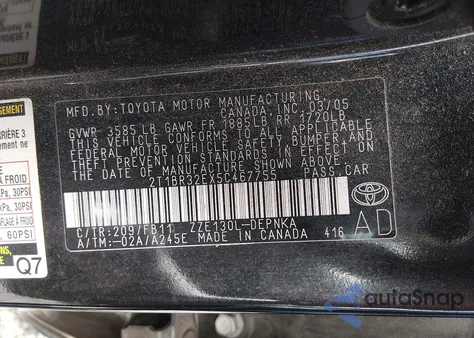 2005 Toyota Corolla Le from USA, damaged, VIN 2T1BR32EX5C467755